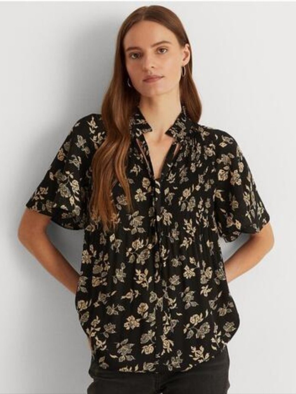 LAUREN RALPH LAUREN Floral Georgette Blouse Black Tan Size XL